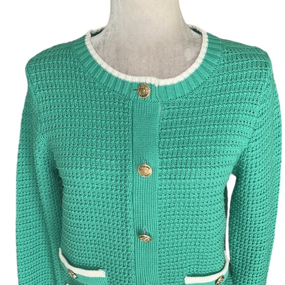 Nicole Miller Green & White Gold Crest Button Cropped Knit Cardigan - S - Picture 2 of 11